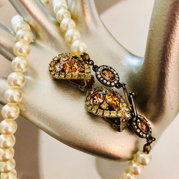 Vintage Ornate Deco Pearl Necklace & Rhinestone Crystal Earrings - Picture 7 of 16